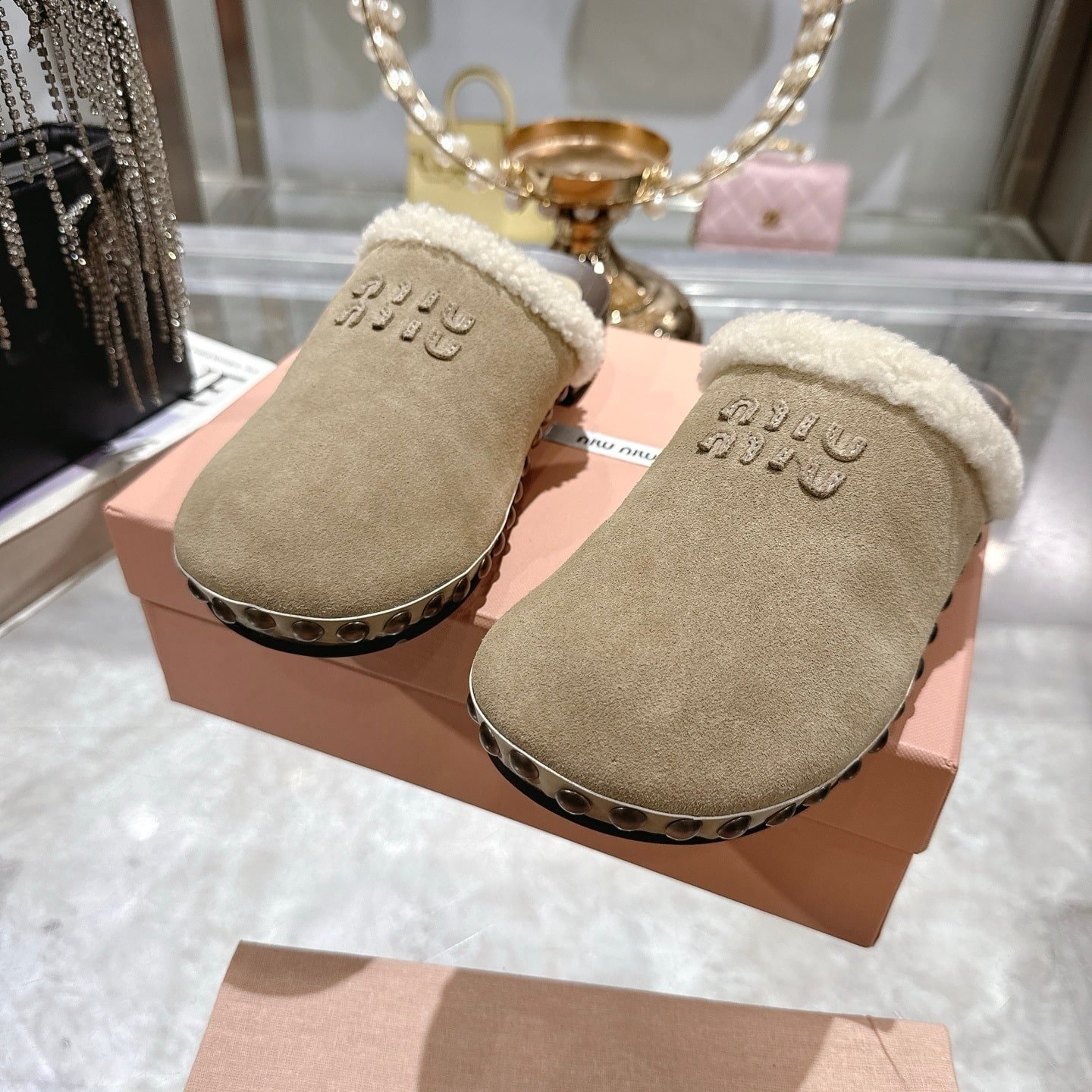 M1um1u Suede Clogs Beige