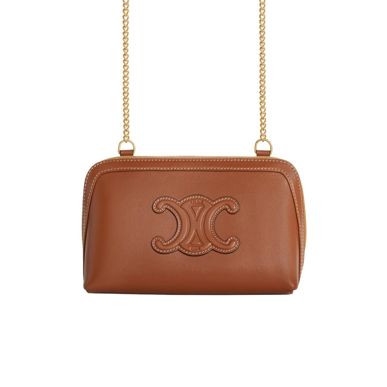 Ce1i*e Clutch On Chain Cuir Triomphe In Textile And Calfskin Brown 17Cm 10E383Dr8 04Lu