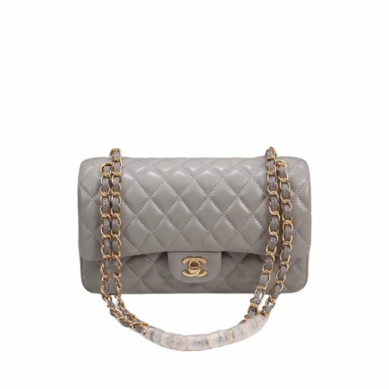 Ch**el Classic Flap Gray Gold Hardware 25Cm