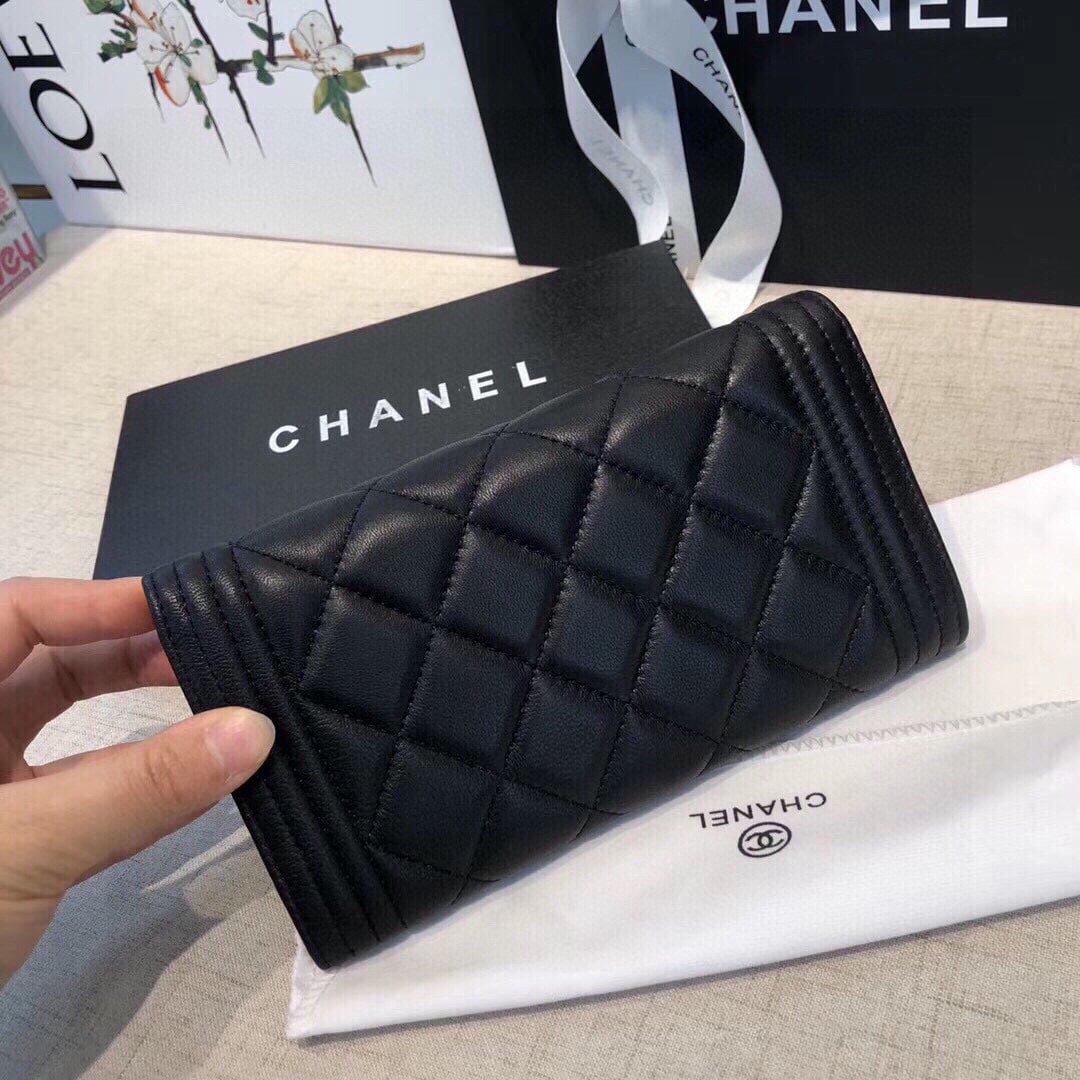 Ch**el Boy Flap Long Wallet Ruthentium Hardware Black 19Cm