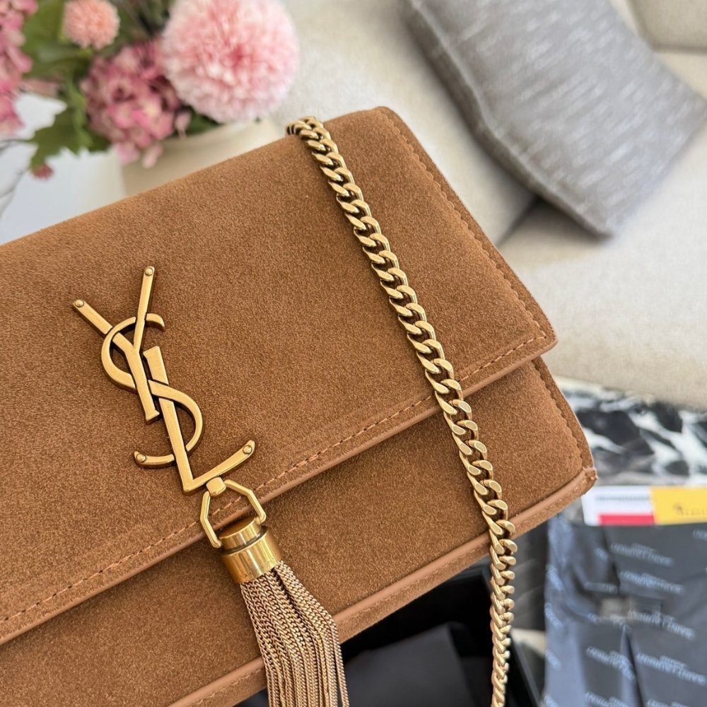 Sa1nt Lau*nt Kate Medium Tassel Crossbody Bag In Brown Suede Leather With Gold Tone 22Cm