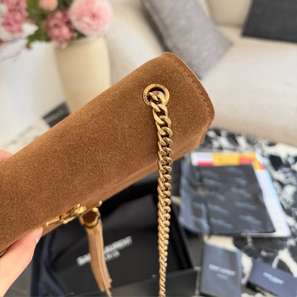 Sa1nt Lau*nt Kate Medium Tassel Crossbody Bag In Brown Suede Leather With Gold Tone 22Cm