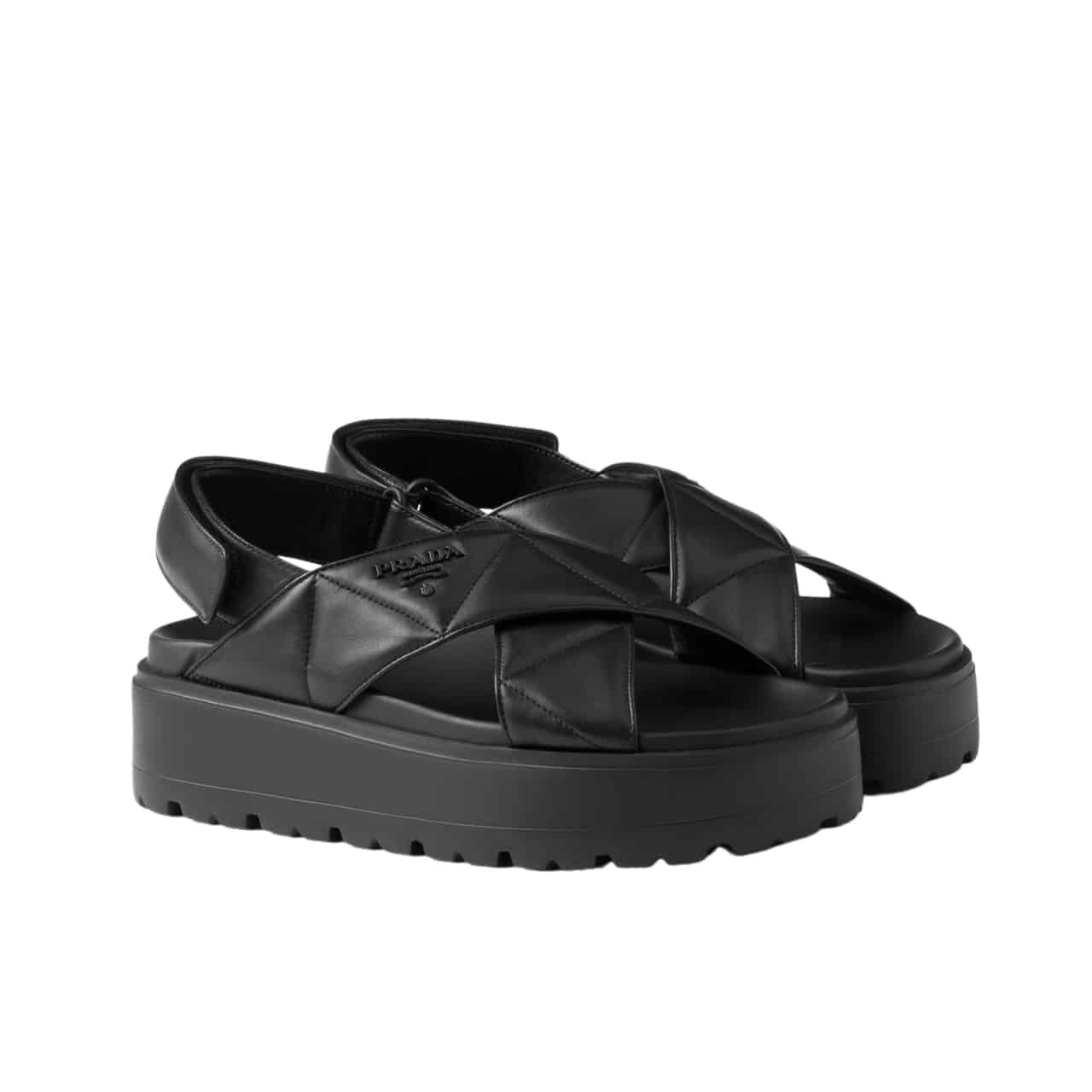 Pra*a Nappa Leather Crisscross Flatform Sandals Black 1Xz777 038 F0002 F 045