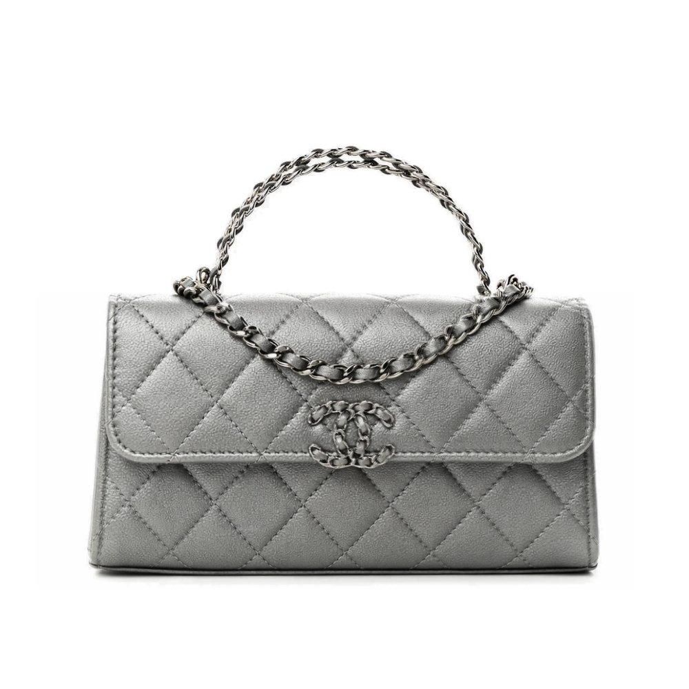 Ch**el 23P Clutch With Chain Bag Grained Leather Silver 18cm
