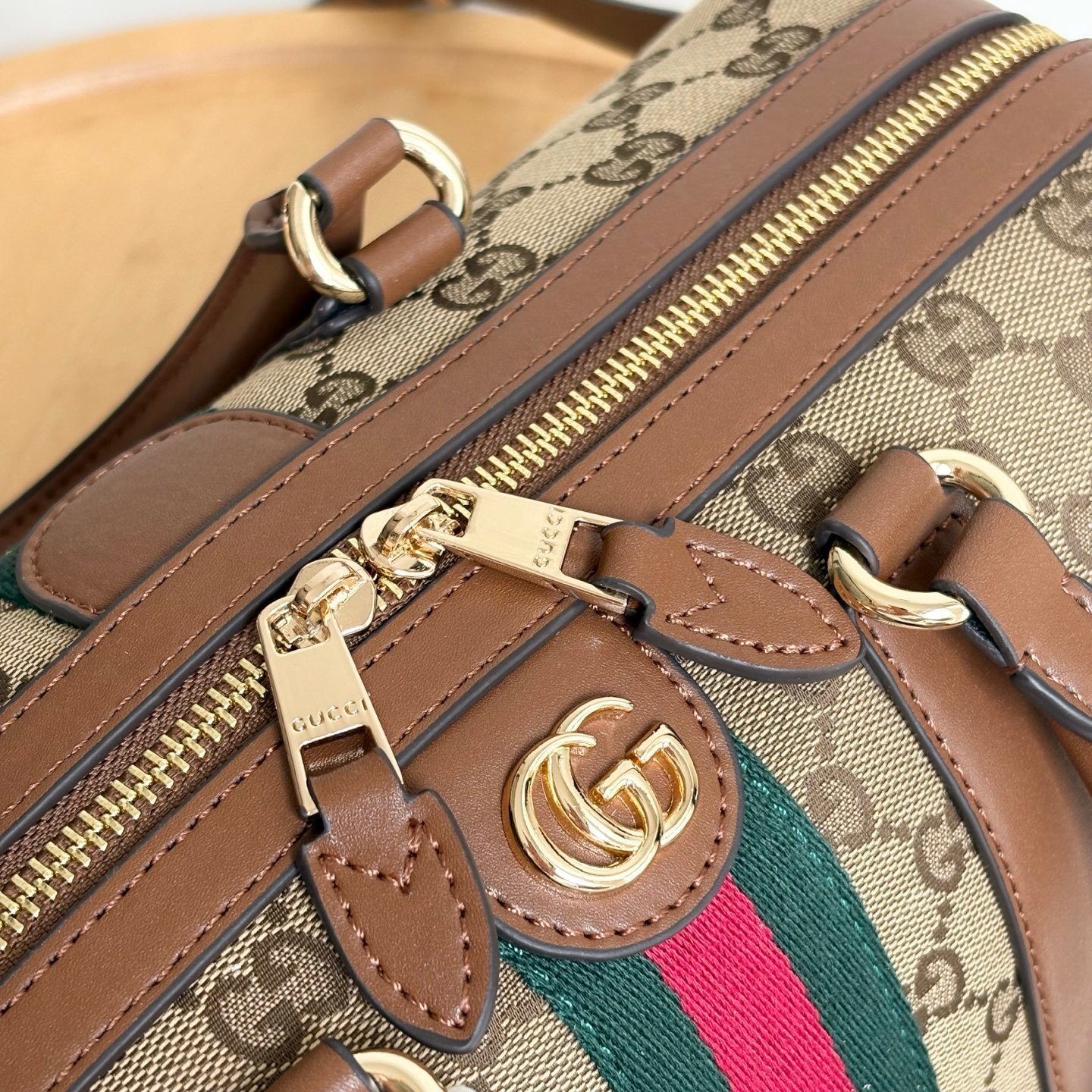 Gvc*1 Ophidia Medium Boston Bag Beige And Brown GG Canvas 30Cm ‎857595 FAFUF 9870