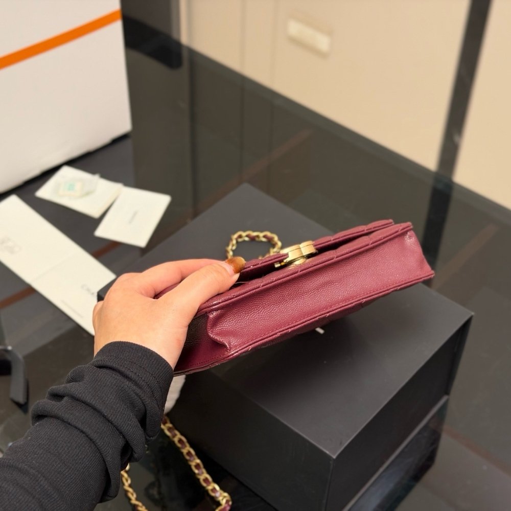 Ch**el Wallet On Chain Gold Tone Metal Dark Burgundy 19Cm