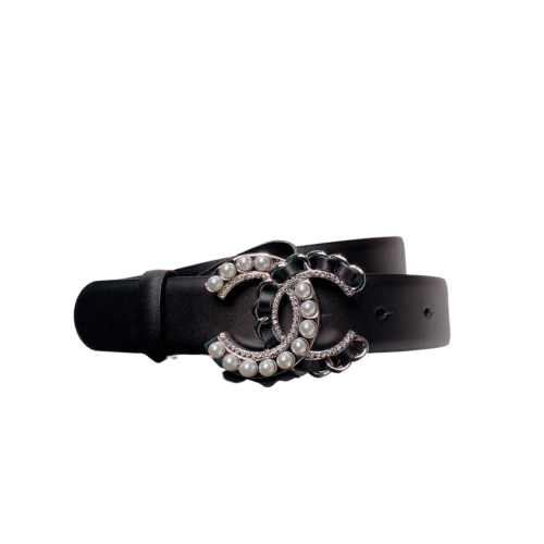 Ch**el Belt With Pearls And Cc Logo Silver Tone Metal Belt Black 28Mm