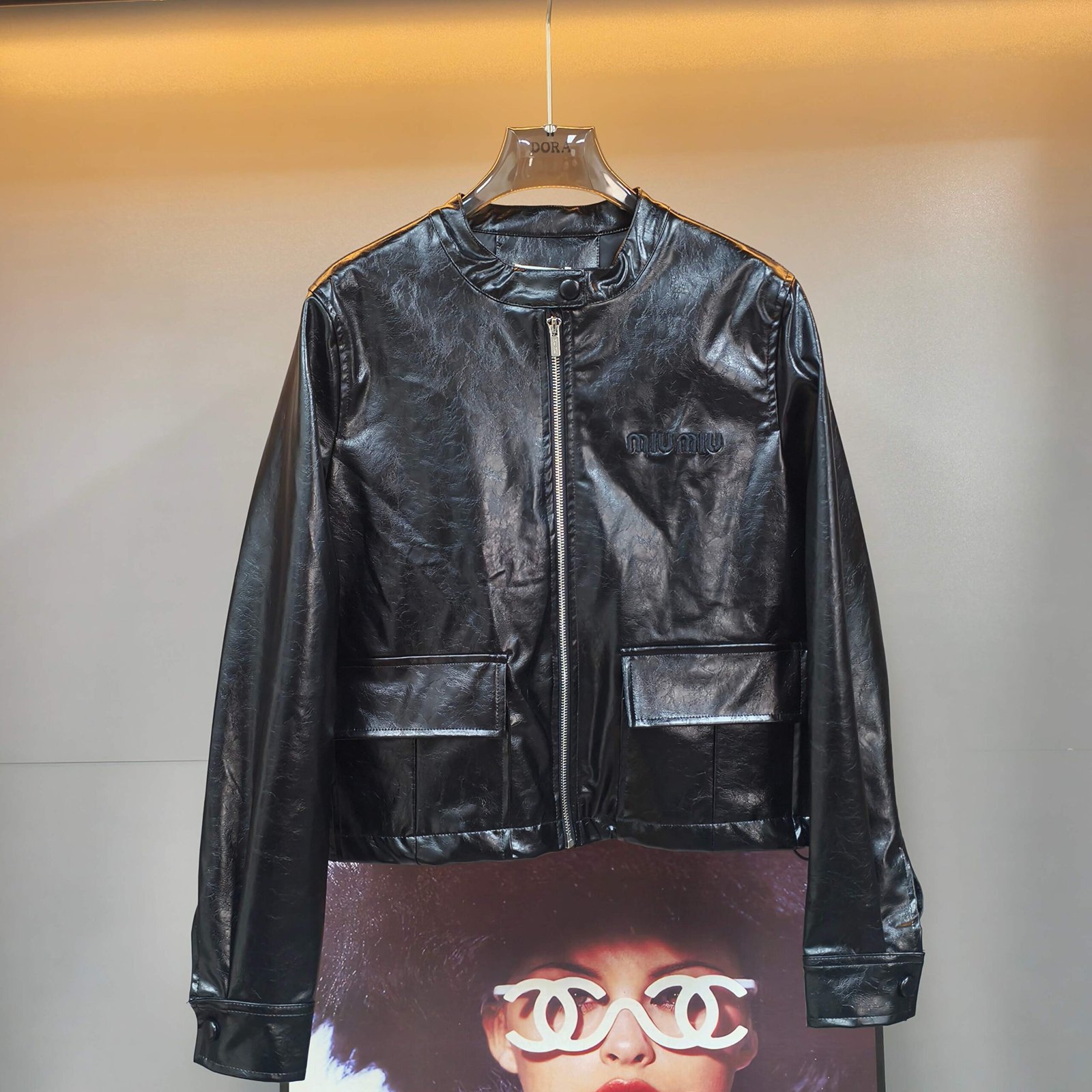 M1um1u Crop Top Jacket Black Leather