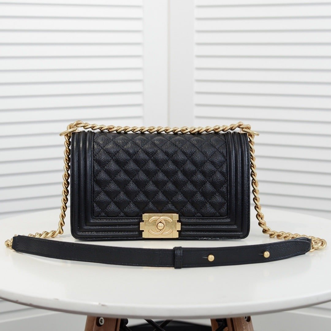 Ch**el Boy Medium Handbag Grained And Gold Tone Metal Black 25Cm