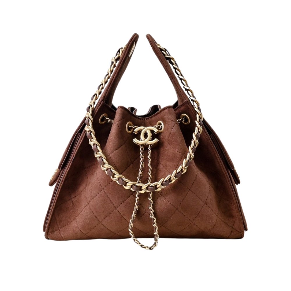 Ch**el 25 Small Handbag Gold Tone Metal Brown 26Cm As5293 B18799 U3950